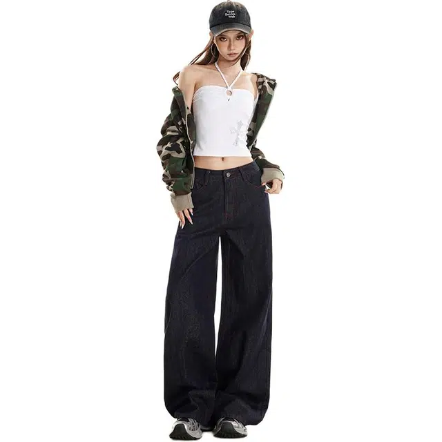 拾籍 美式复古原色设计秋季高腰显瘦简约百搭宽松直筒阔腿牛仔裤 女款