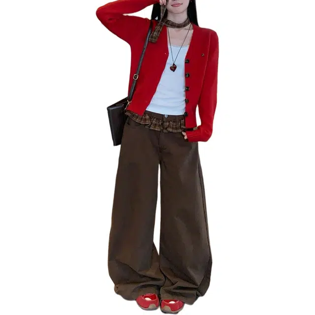 柏黛妃 美拉德双腰头蝴蝶女设计感直筒宽松牛仔裤 女款