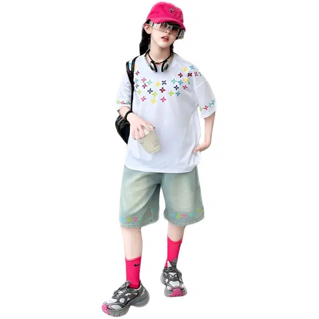比比我休闲运动套装  女童春秋季四角星印花牛仔大童潮牌小孩衣服 小女孩长袖洋气时髦 舒适帅气轻便