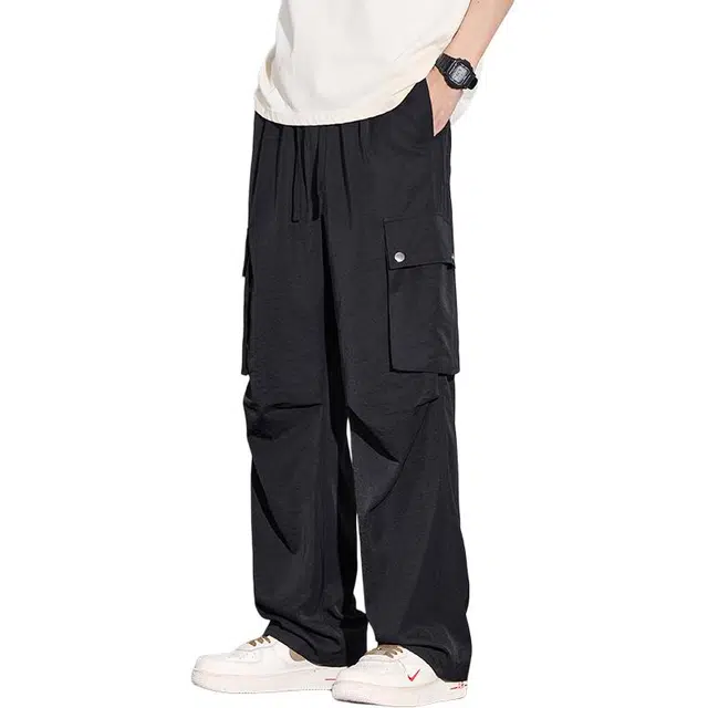 协协乐 冰氧男生夏季薄款凉感透气美式高街风宽松阔腿裤直筒户外青少年冰丝速干长裤工装裤 男款