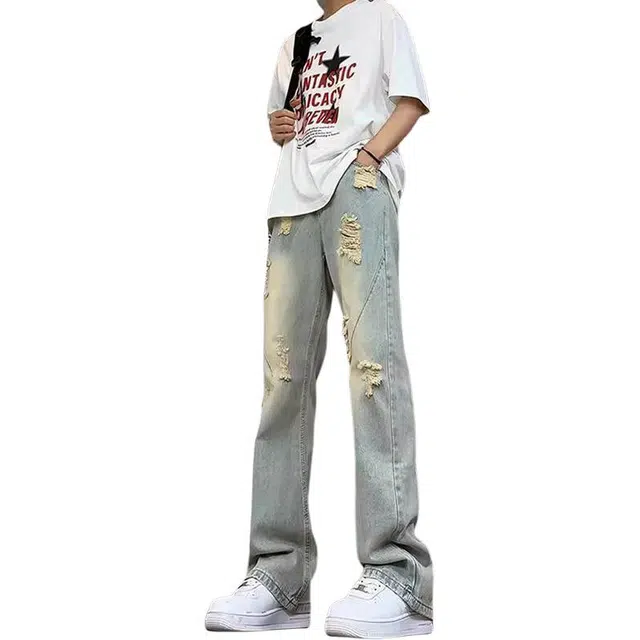 宝米卡 高街微喇破洞薄款潮流宽松直筒帅气美式复古牛仔裤 男女同款