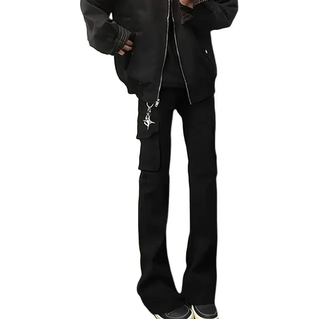 唐启 美式高街春秋季裤子修身窄版直筒微喇裤工装牛仔裤 男女同款