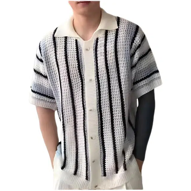 木木兔 美式条纹宽松小众镂空休闲度假沙滩简约短袖针织衫 男款