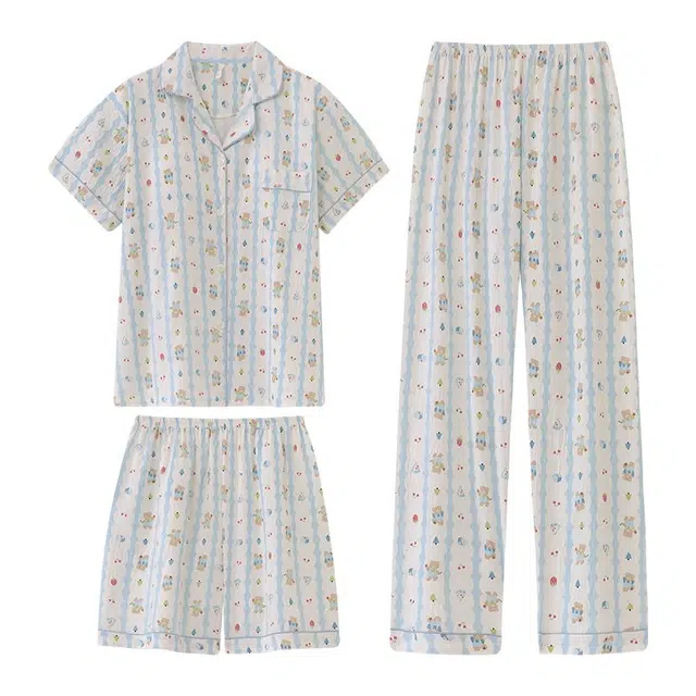 俏韵 翻领卡通夏季款云朵棉带胸垫甜美短袖三件套休闲舒适薄款家居服可外穿睡衣套装 女款