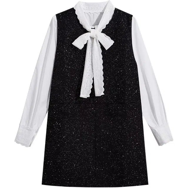 海獭 法式复古亮闪闪立领系带衬衫套装两件 女款