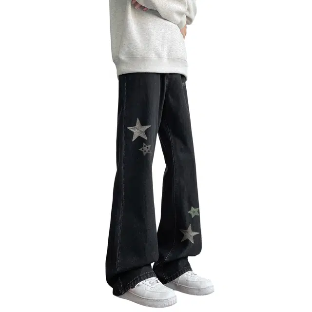 加菲猫家族 美式高街复古水洗做旧星星图案印花垂感显高直筒宽松休闲百搭街头痞帅青春活力无性别主义牛仔裤 男女同款