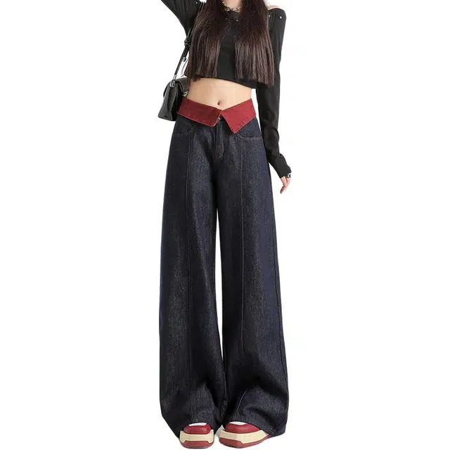 如续 翻边直筒女窄版阔腿拖地裤长裤加长牛仔裤 女款