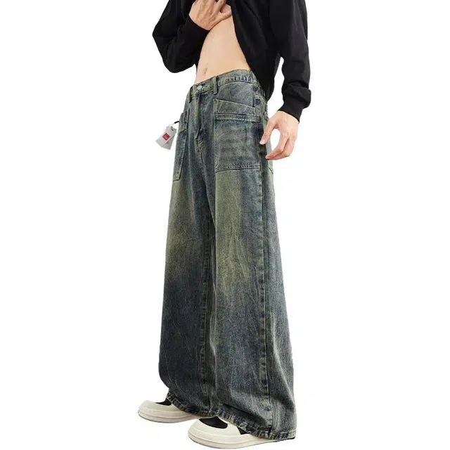 北极绒 闪电纹复古蓝美式水洗高街宽松直筒裤子牛仔裤 男款