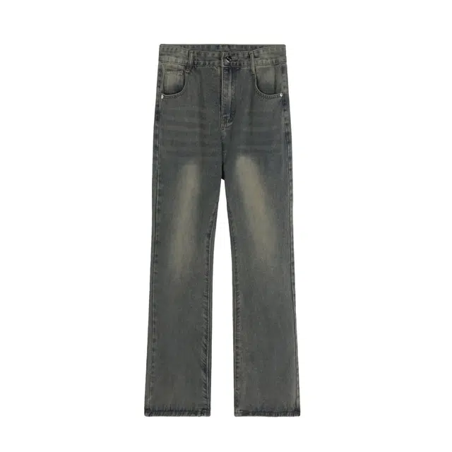 童先森 潮牌高街复古猫须纹直筒宽松微喇叭裤牛仔裤 男款