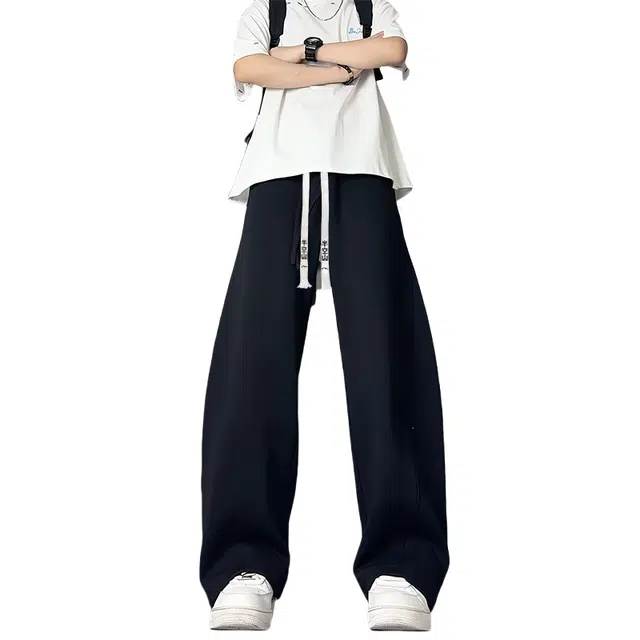 半空山 美式复古纯色简约立体线条设计感松紧腰品牌文字刺绣系带宽松直筒百搭垂感阔腿休闲裤 男女同款