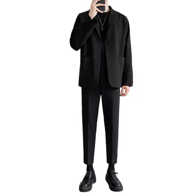 顶峰保罗 冰丝纯色通勤极简风西服外套内搭九分裤一整套宽松大码百搭简约时尚垂感英伦休闲西装套装 男女同款