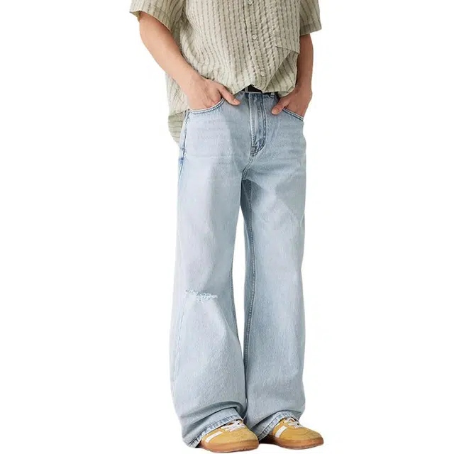 潮人榜 美式复古水洗直筒拖地休闲长裤男士宽松阔腿夏季薄款破洞微喇牛仔裤 男女同款