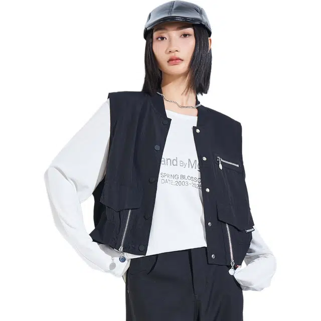 木果果木 夏季复古黑色纯色圆领街头马甲 女款