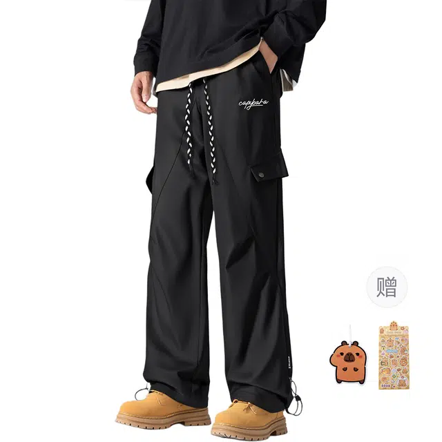 卡皮巴拉小黄豚 美式复古高街潮牌宽松字母印花垂感户外运动登山机能伞兵裤嘻哈街舞休闲裤褶皱直筒阔腿工装裤小牛津复合防泼水冲锋裤 男女同款