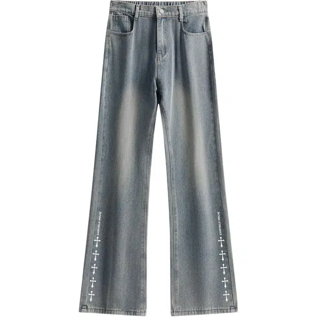 加菲猫家族 美式复古品牌字母十字架印花喇叭裤做旧基础款垂感显高小众高级感时尚百搭重水洗休闲通勤日常修身牛仔裤 男女同款