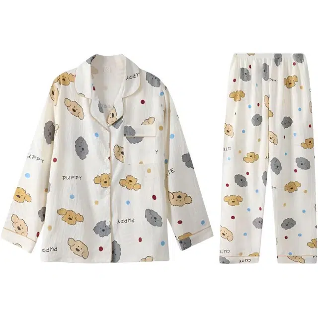 顶瓜瓜 夏季女透气简约休闲亲肤长袖长裤家居服睡衣套装 女款