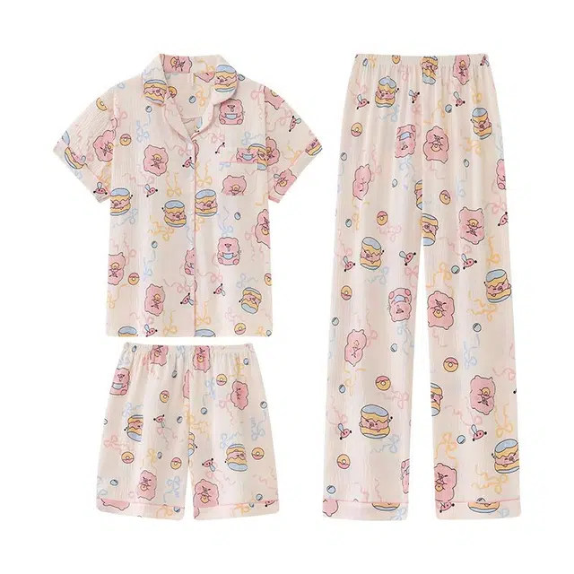 俏韵 翻领卡通夏季云朵棉带胸垫甜美短袖三件套休闲舒适薄款家居服可外穿睡衣套装 女款