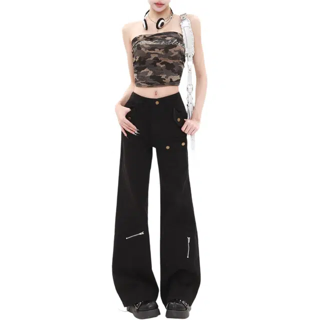 柏黛妃 低腰显瘦多口袋设计感拖地裤喇叭裤牛仔裤 女款