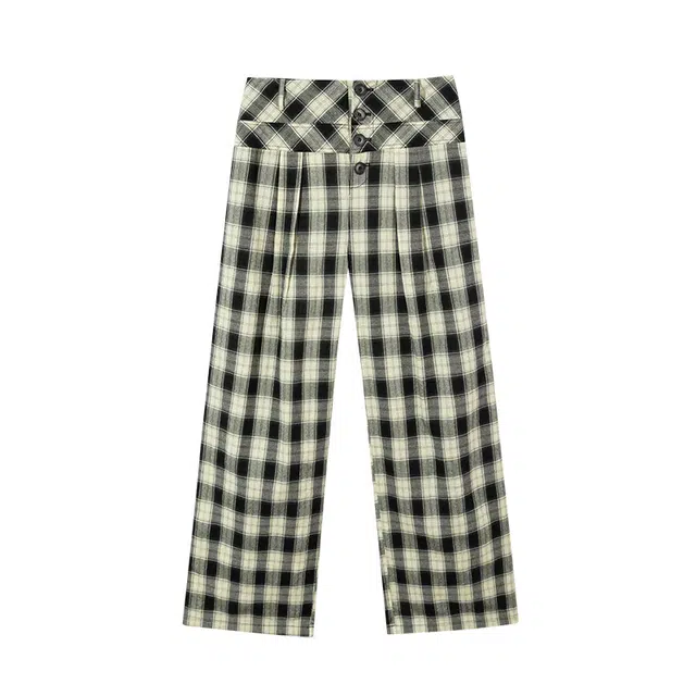 区区欧阳 黑白格子直筒阔腿宽松通勤长裤休闲裤 女款