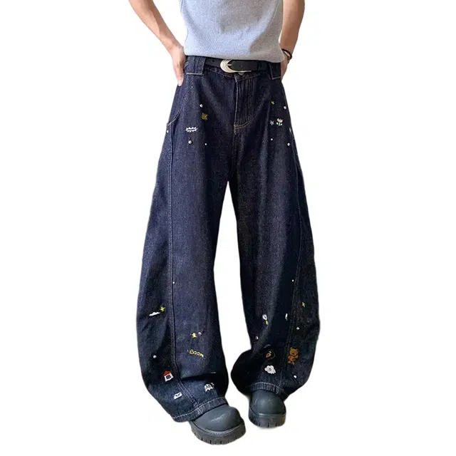 冈哉 卡通刺绣趣味贴布弯刀设计美式复古水洗做旧阔腿宽松直筒休闲时尚潮流牛仔裤 男女同款