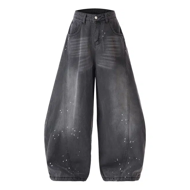 行更远 美式复古高街水洗黑泼墨设计感宽松解构阔腿牛仔裤 男女同款