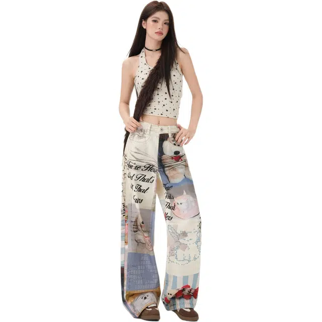 拾籍 街头潮流高腰设计趣味图案数码印花百搭时尚宽松阔腿牛仔裤 女款