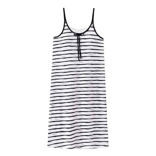 顶瓜瓜 莫代尔棉带胸垫性感吊带长裙圆领套头条纹花边简约休闲家居服夏季睡裙 女款