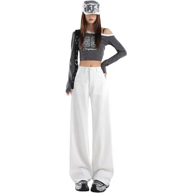 拾籍 阔腿高腰垂感百搭显瘦拖地宽松直筒牛仔裤 女款