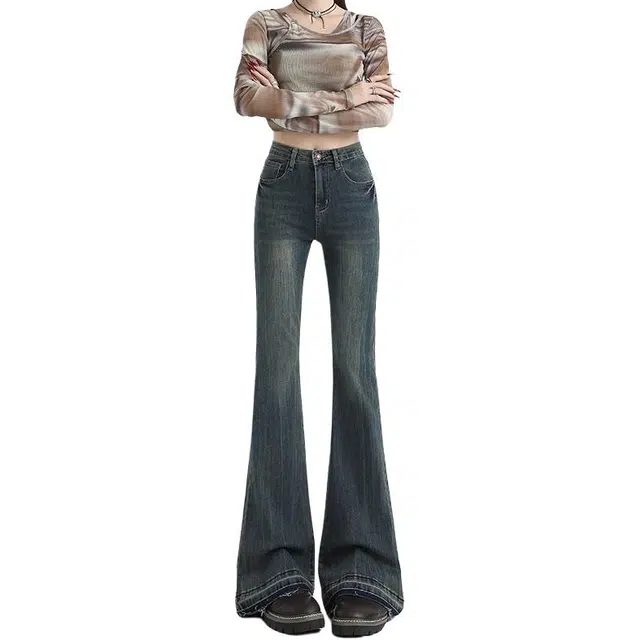 如续 弹力低腰刺绣显高修身显瘦撞色喇叭长裤加长牛仔裤 女款