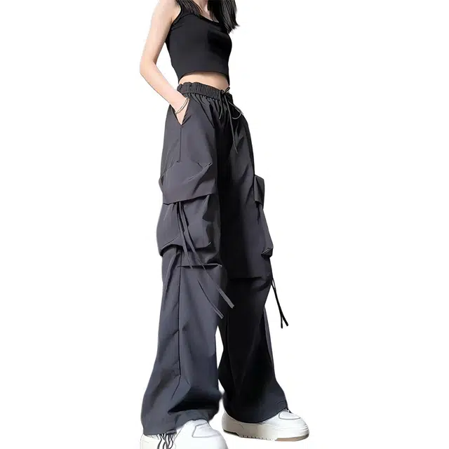 徐百货 美式大口袋飘带设计休闲裤春夏秋季抽绳直筒高级感百搭长裤工装裤 男女同款