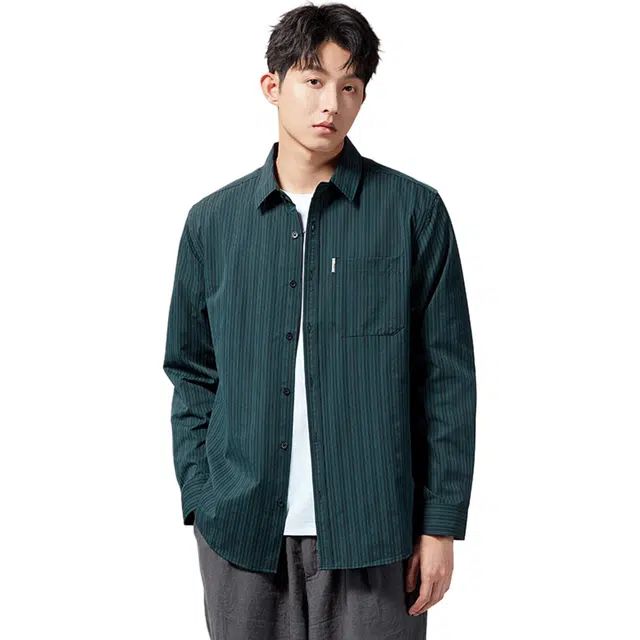 瑞梵帝斯 夏季条纹学院风复古高街简约小众街头风宽松休闲垂感高级感青春流行潮流上衣外套设计感口袋长袖男生衬衫 男款