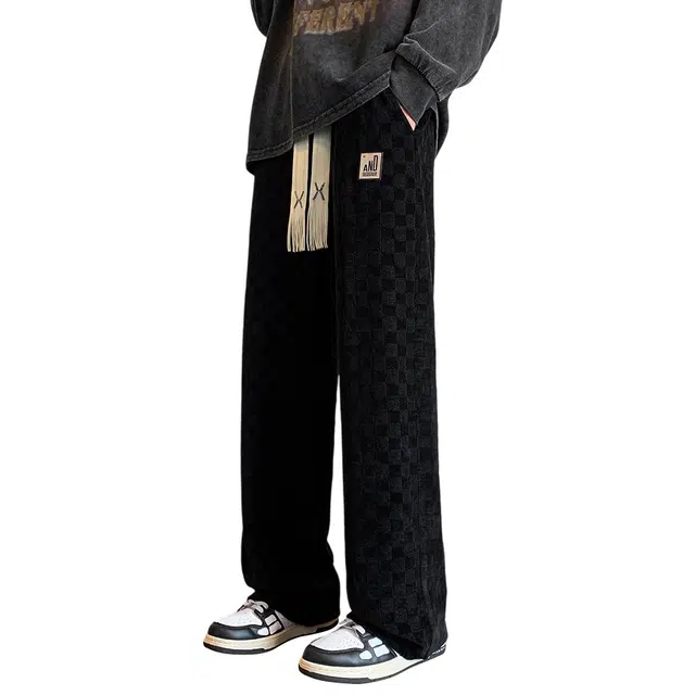 顶峰保罗 棋盘格美式复古拖地宽松大码直筒无性别主义阔腿运动高街长裤弹力抽绳显高百搭垂感休闲裤 男女同款