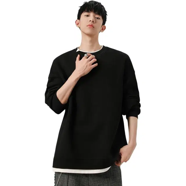 佐菲利 假两件圆领美式慵懒百搭宽松休闲长袖卫衣 男女同款