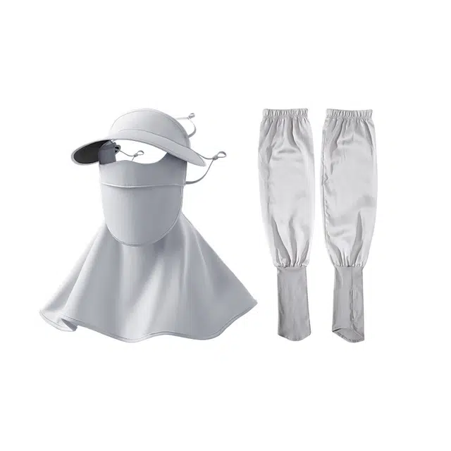 南极人 遮阳面罩护颈帽子一体全脸防紫外线可喝水口罩宽松冰袖手袖加长护手臂套袖户外骑行开车遮阳冰凉透气 轻薄款 防晒帽 女款