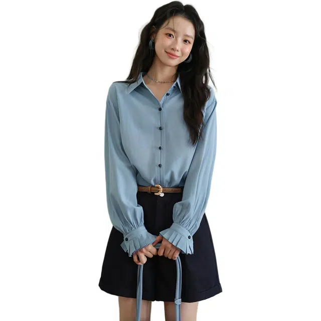 谜秀 纸片人南瓜橘衬衫女秋 撞色纽扣压褶袖口 垂感宽松上衣上衣 女款