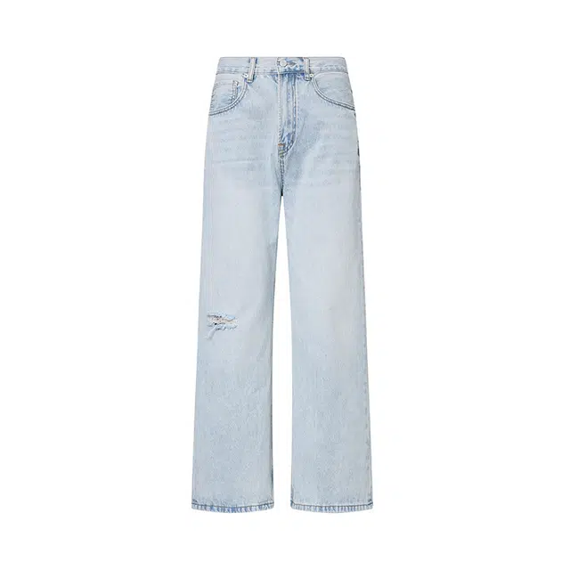 潮人榜 美式复古水洗直筒拖地休闲长裤男士宽松阔腿夏季薄款破洞微喇牛仔裤 男女同款