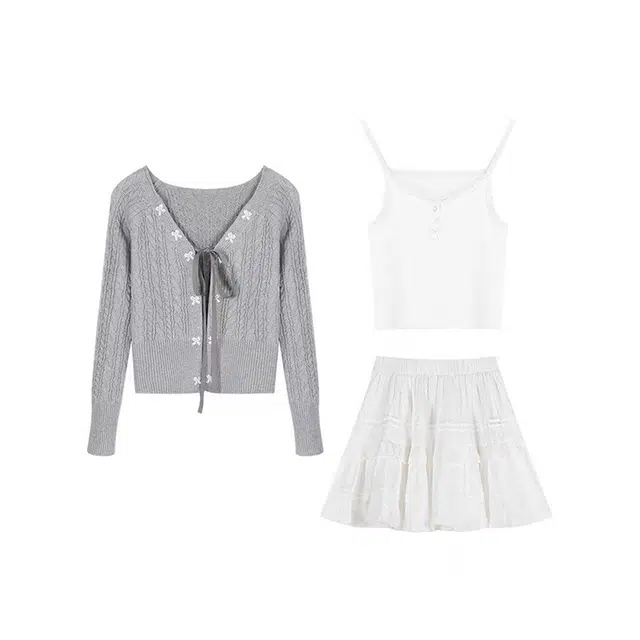 敲模女孩 韩系温柔风绑带针织开衫外套内搭吊带上衣高腰蕾丝蓬蓬短裙长袖裙装套装 女款