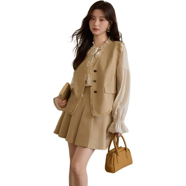 谜秀 卡其拔毛须马甲百褶裙  亚麻混纺复古套装早秋两件套 女款