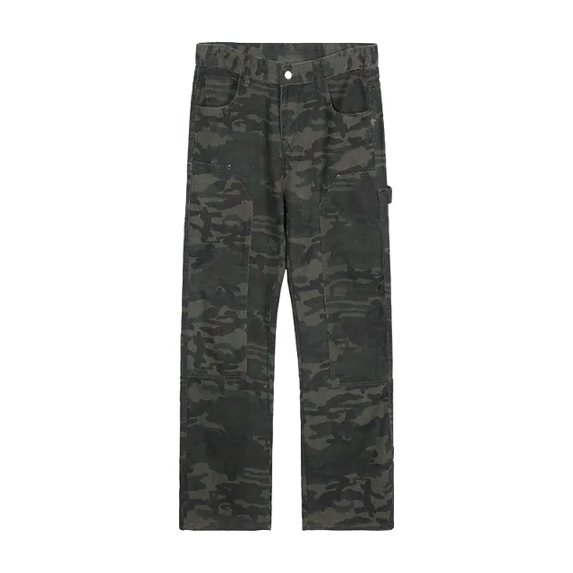 童先森 迷彩工装美式复古直筒阔腿潮牌宽松裤子牛仔裤 男款