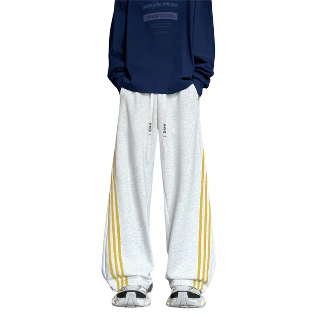 半空山 美式复古学院风纯色基础款经典三条扛条纹拼接潮流松紧腰品牌文字刺绣系带宽松百搭直筒慵懒感阔腿休闲裤 男女同款