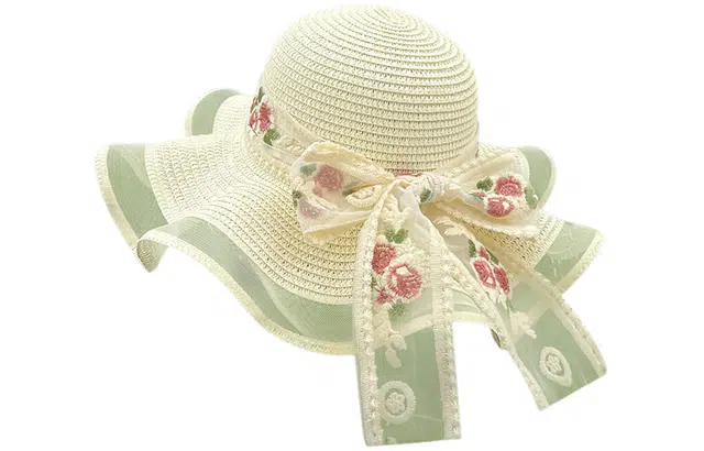 优幽兰 韩系氛围感百搭波浪边蕾丝蝴蝶结草帽女夏法式时尚大帽檐遮阳帽海边沙滩度假太阳帽子#好运 纤维素材料 防晒帽 女款