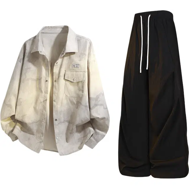 吾皇猫 美式潮流扎染满印小口袋暗扣设计纯色宽松直筒垂感百搭舒适亲肤一整套穿搭衬衫套装 男女同款