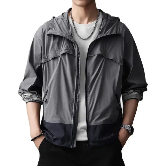 贵色 夏季 高端美式户外出行经典百搭长袖风衣男士青少年学院风撞色拼接口袋休闲连帽外套夹克 宽松 男女同款