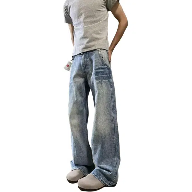 北极绒 水洗百搭直筒拖地长裤美式复古潮牌高街宽松阔腿牛仔裤 男款