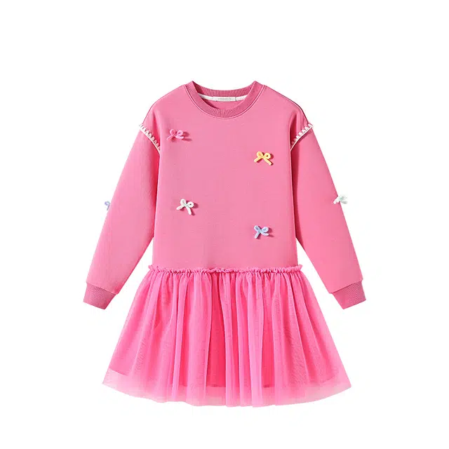 英氏连衣裙 舒适亲肤时尚网纱拼接长袖蝴蝶结 儿童款