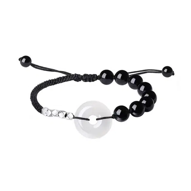 周百福 碎银几两平安扣 小圆满新中式招财纳福国潮复古风转运珠显气质高级感限定#好运 黑曜石 手绳 男女同款情侣款