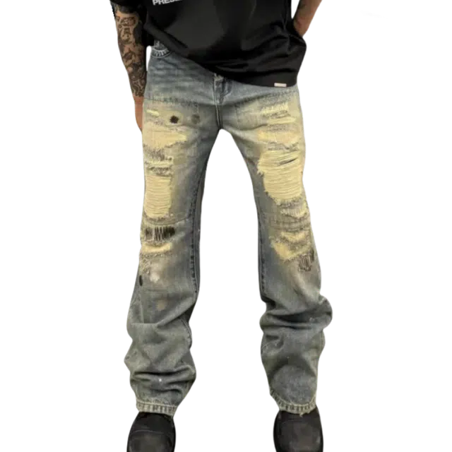 冈哉  美式潮流潮牌个性复古嘻哈潮搭宽松百搭高街废土风解构破洞做旧手工磨洞经典简约无性别主义日常通勤休闲牛仔裤 男女同款