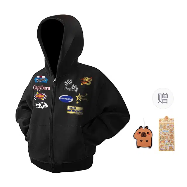 卡皮巴拉小黄豚 重磅赛车元素美式设计感高街潮流外套学生党百搭休闲薄款宽松慵懒连帽开衫春秋卫衣 男女同款