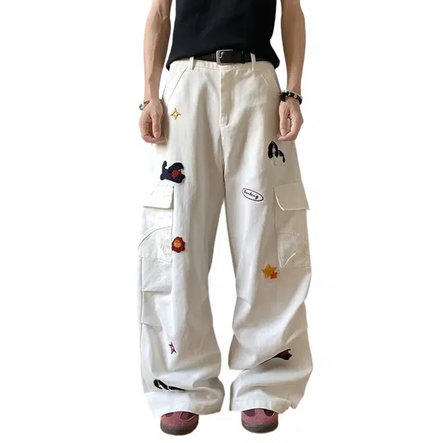冈哉 植绒刺绣个性字母卡通小狗双口袋褶皱拼接设计美式复古纯色阔腿直筒垂感小众牛仔裤 男女同款
