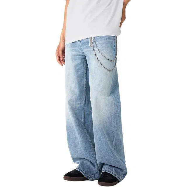 潮人榜 美式高街直筒休闲长裤男士夏季浅色磨白全喷不规则扎花牛仔裤 男女同款